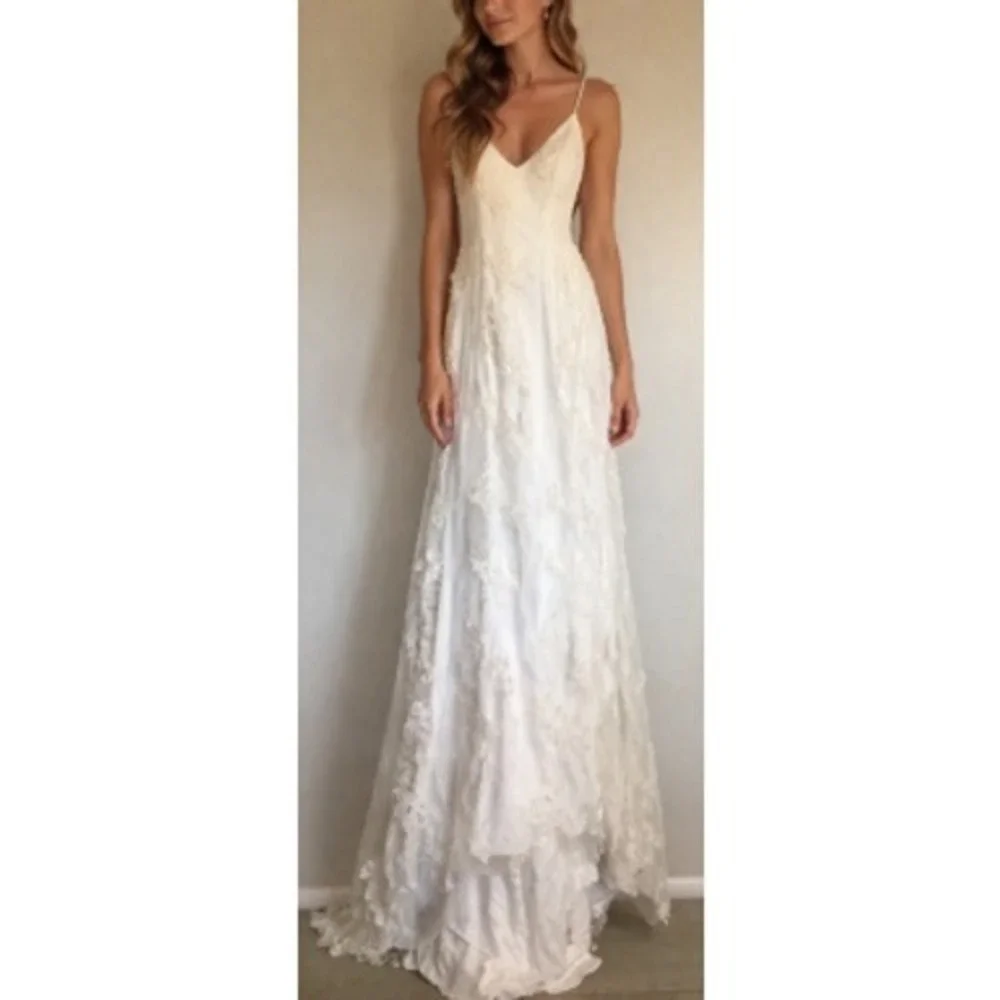 Stacees Women's Ivory Floral Lace Open Back Spaghetti Strap Bridal Dress NWT